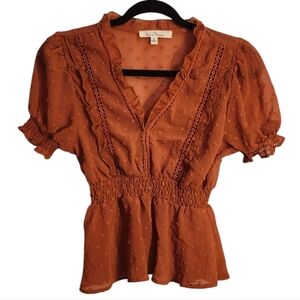 Love Tree Babydoll Top, Lone Tree, Orange Baby Doll Shirt, Puff Sleeve Swiss Dot